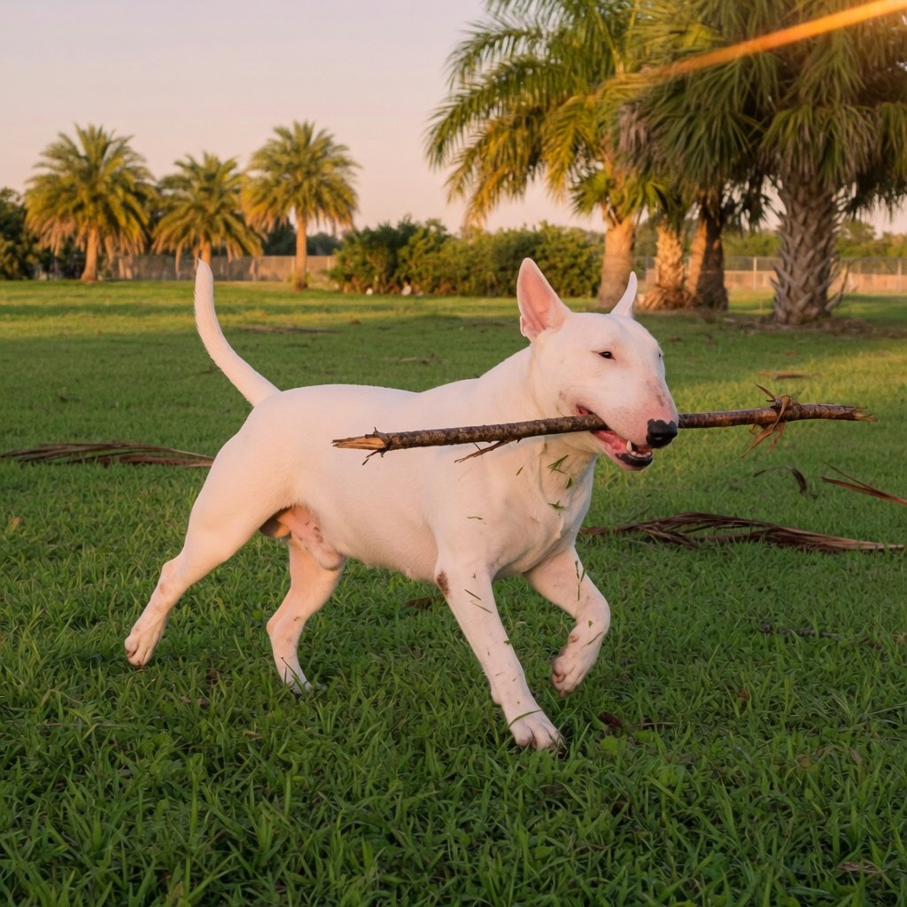 A white bull terrier trotting across park grass with a stick, palm trees behind him.